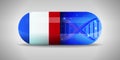 Illustration of the national pharmaceuticals of France. Drug production in France. National flag of France on capsule with gene