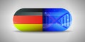 Illustration of the national pharmaceuticals of Germany. Drug production in Germany. National flag of Germany on capsule with gene