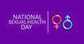 Illustration of national sexual health day text with male, female gender signs on violet background