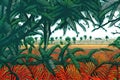 Illustration of a natural landscape with grassland, fields and palm trees Royalty Free Stock Photo