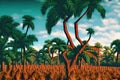 Illustration of a natural landscape with grassland, fields and palm trees Royalty Free Stock Photo
