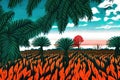 Illustration of a natural landscape with grassland, fields and palm trees Royalty Free Stock Photo