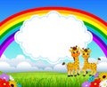 The nature rainbow view with the cloud board blank space and two giraffe Royalty Free Stock Photo