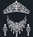 Necklace diadem and earrings with white precious stones