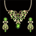 necklace with emeralds and precious stones and earrings