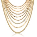 Illustration necklace multilayer of gold chains and beads isolated on white with reflection