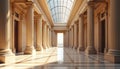 Illustration of neoclassical architecture museum hall. Long corridor with columns, arches. Interior design light, shadows. Royalty Free Stock Photo