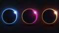 An illustration of neon blue, yellow, and pink arch and circular lines glaring in the night sky. A dark planet with a Royalty Free Stock Photo