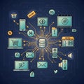 Illustration of a network system centered around a data server Royalty Free Stock Photo