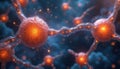 Illustration of neuron cells with glowing elements and connections. The image features a network of cells and synapses. The Royalty Free Stock Photo