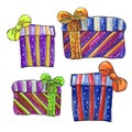 Illustration with New year gift.Cartoon festive packaging.