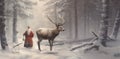 reindeer christmas vintage snow illustration greeting santa sleigh card claus. Generative AI. Royalty Free Stock Photo