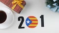 Illustration, new year, male hand changes the year from 2017 to 2018, Catalonia flag, cauntry ball.
