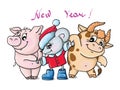 Illustration new year, mous, gray, cute, bull, boar, horoscope, celebration vector