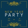 Illustration of new year party and 31st dec at 7pm text with designs on blue background