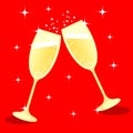 illustration for the New Year, postcard, bright glasses with foaming champagne on a red background with stars