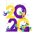 Illustration for the New Year 2020. Vector. People work around numbers. Businessmen celebrate Christmas. Employees in the office