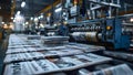 Illustration of newspaper printing automation with machine and stack of newspapers. Concept Royalty Free Stock Photo