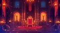 An illustration of a night castle palace hall room with a spotlight in the background and a throne. It features a Royalty Free Stock Photo