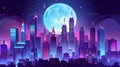 An illustration of a night city with a full moon and starry sky. Illustration of skyscrapers with neon windows, a cloudy Royalty Free Stock Photo