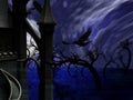 Illustration of night forest with full moon, castle and ravens Royalty Free Stock Photo