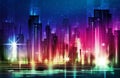 Vector illustration of a night glowing neon city a multi-storey group of buildings in a bright glow