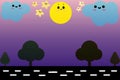 Illustration of a night landscape with clouds, stars ,trees,moon and road. Royalty Free Stock Photo