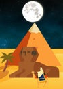 Illustration of a night landscape in Egypt, pyramids in the desert and a man with a camel. Royalty Free Stock Photo