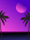 Night beach scene with full moon and palm trees silhouettes Royalty Free Stock Photo