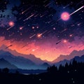 an illustration of the night sky with stars and meteors