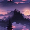 an illustration of the night sky with trees mountains and a full moon Royalty Free Stock Photo