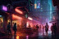 Illustration nightlife of a futuristic city, with fluorescent lights illuminating the streets. The scene is energetic and dynamic