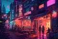 Illustration nightlife of a futuristic city, with fluorescent lights illuminating the streets. The scene is energetic and dynamic Royalty Free Stock Photo