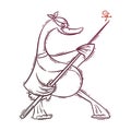 Illustration of Ninja Duck with needle. Karate bird hero.