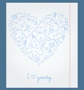 Illustration with notebook paper with icons on the theme of geometry arranged in the shape of a heart