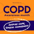 Illustration of november is copd awareness month text on yellow and blue background, copy space