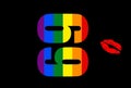 Illustration of the number 69 in rainbow colors and red lips isolated on a black background