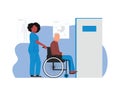 an illustration of a nurse helping an elderly man in a wheelchair Royalty Free Stock Photo