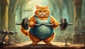 Illustration of an Obese Orange Cat Lifting Weights in Order to Lose Weight - Generative Ai