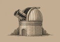Illustration of an observatory with a large telescope protruding from its dome. The Royalty Free Stock Photo