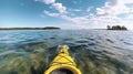 Illustration from ocean kayak view in nice day with blue sky and clouds