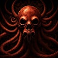 Illustration of octopus skull on a dark background with fire