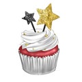 Digital illustration od red velvet cupacke decorated with glitter stars - food illustration