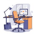 Illustration of an office workspace featuring an orange ergonomic office chair with Royalty Free Stock Photo