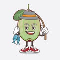 Ogeechee Lime cartoon mascot character fishing with 2 fishes