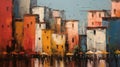 Oil painting of an old colorful town, impasto style