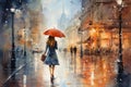 illustration in oil painting style a woman under a red umbrella walks through the city in the rain Royalty Free Stock Photo