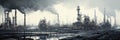 A panorama illustration of an oil refinery