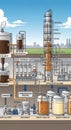 Illustration of an oil refinery process diagram. Various stages include waste oil input, Royalty Free Stock Photo