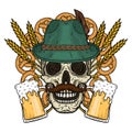 Illustration for oktoberfest. Skull in Tyrolean hat, with ears of wheat and glass of beer.